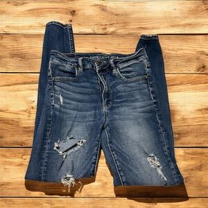 American Eagle Outfitters Women's Dark Blue Ripped Skinny Jeans